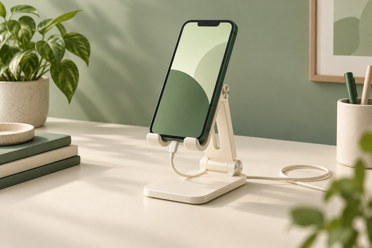 Generic adjustable phone stand illustration with a charging cable; not a photograph of the linked product.