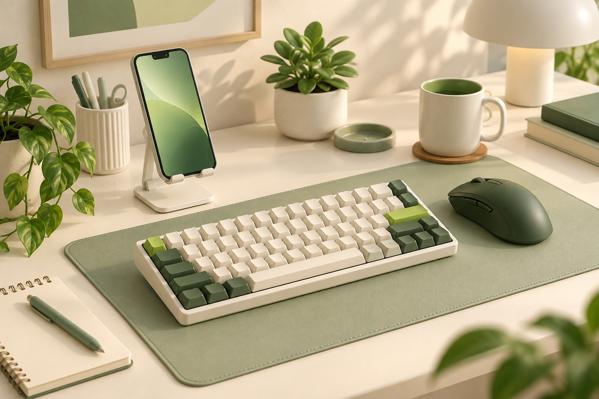 Original illustration of a cream and green desk setup with a keyboard, generic mouse and phone stand.